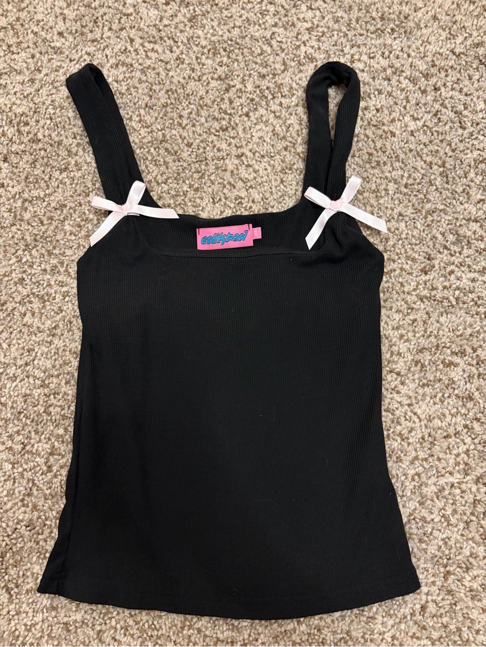 Edikted Black Ribbed Camisole with Light Pink Bow Accents